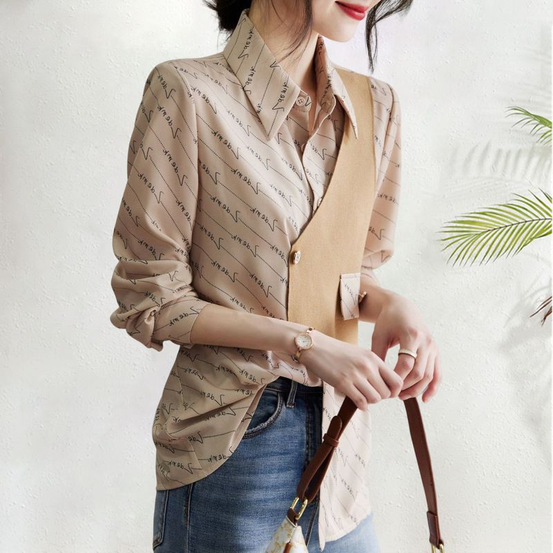 Stilīgs, savārstījums, asimetriska blūze Sieviešu apģērbs, 2023. gada pavasara rudens korejiešu krekls ar garām piedurknēm.