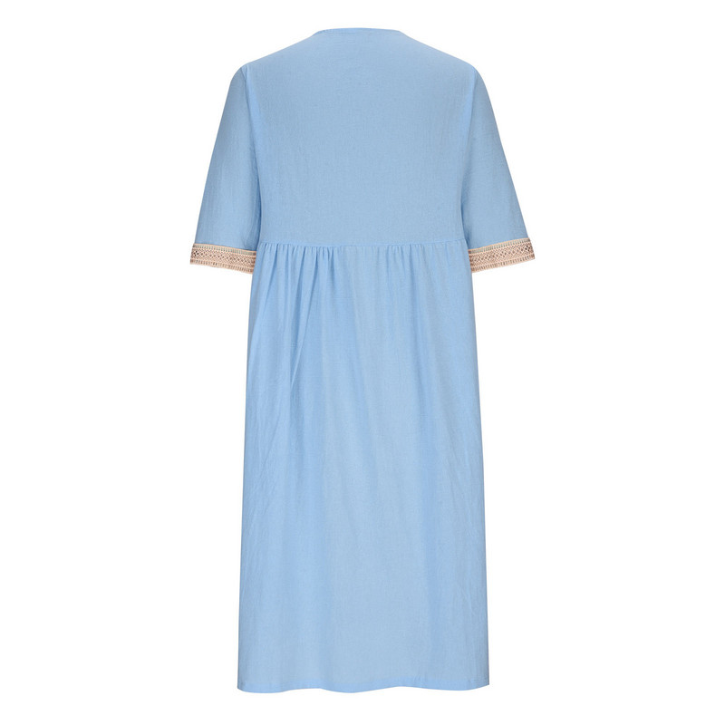 Európai és amerikai női ruha nagy méretű laza pamut kender csipke V-nyakú fél ujjú közepes hosszúságú ruha