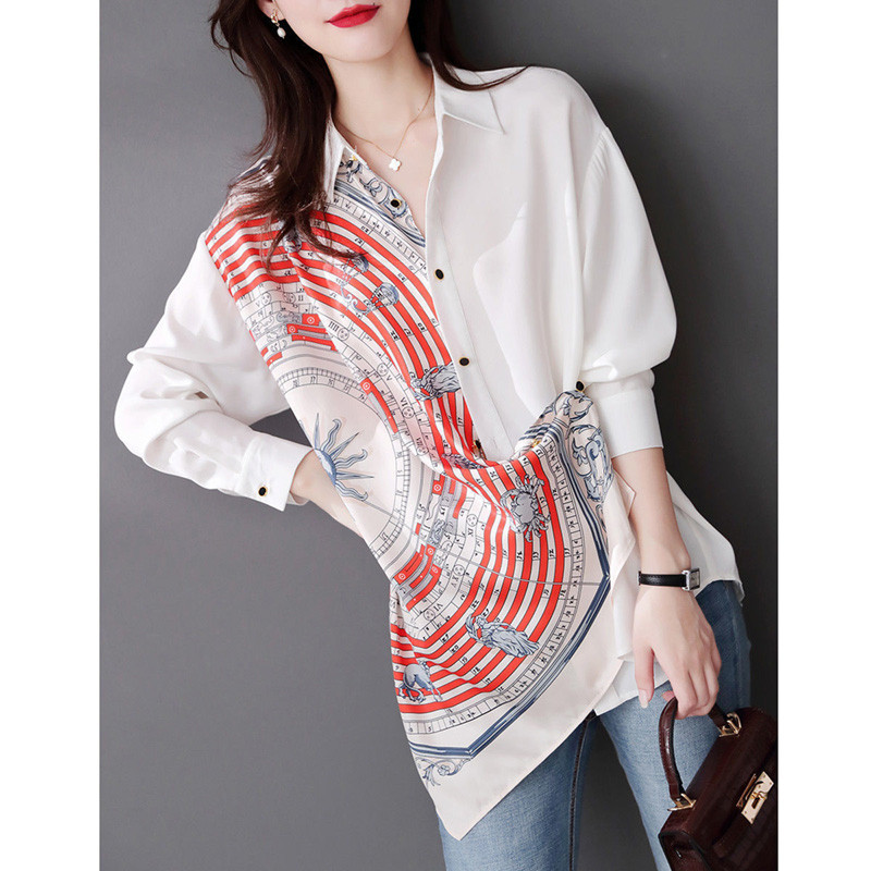 Modes atloks, apdrukāts, neregulārs krekls, sieviešu apģērbs 2022. gada jauns biroja sieviešu topi Lielizmēra brīva asimetriska blūze