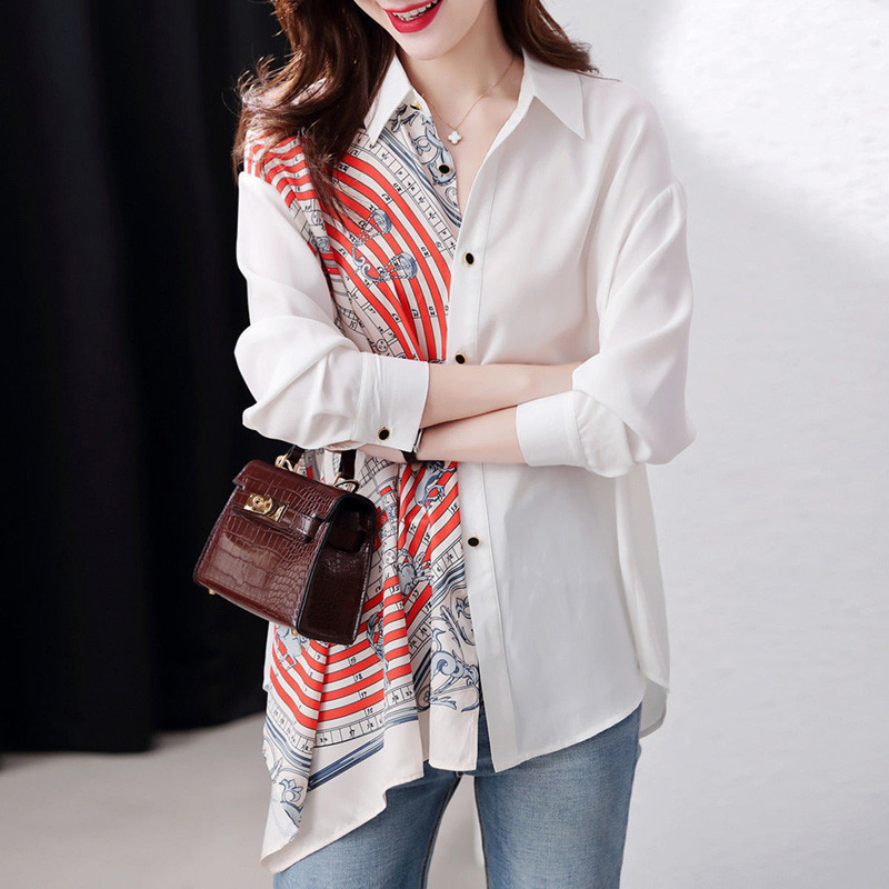 Modes atloks, apdrukāts, neregulārs krekls, sieviešu apģērbs 2022. gada jauns biroja sieviešu topi Lielizmēra brīva asimetriska blūze