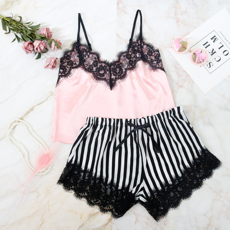 Apakšveļa Seksīgs krūšturu komplekts Sieviešu naktsveļa bezpiedurkņu siksna, mežģīņu apdare, satīna Cami topi pidžamu komplekti krūšturi Sieviešu bikses komplekti naktsveļa