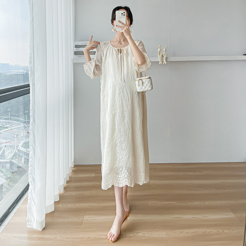 Ljetna haljina s mjehurićima od čipke i rukavima za trudnice Ljetna spavaćica od gaze Duga bež prekrasne haljine za trudnice Široke Dropshipping