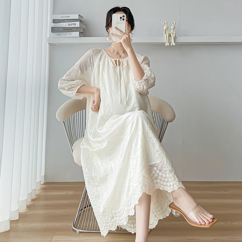 Ljetna haljina s mjehurićima od čipke i rukavima za trudnice Ljetna spavaćica od gaze Duga bež prekrasne haljine za trudnice Široke Dropshipping