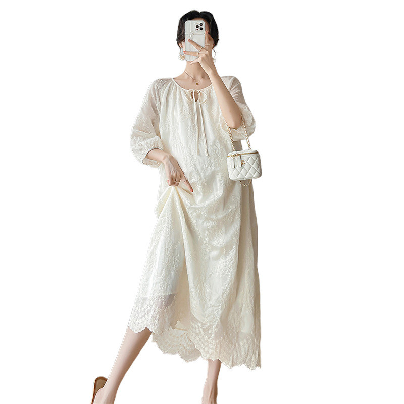 Ljetna haljina s mjehurićima od čipke i rukavima za trudnice Ljetna spavaćica od gaze Duga bež prekrasne haljine za trudnice Široke Dropshipping