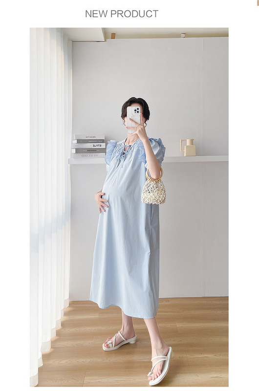 Suvine lühikeste varrukatega rasedakleit Sinine volangidega lapiline V-kaelusega rasedale lühike kleit Magusad V-kaelusega raseduskleidid