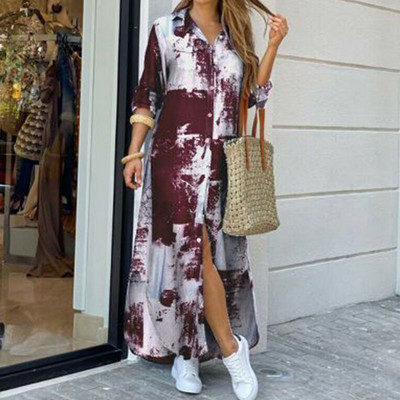 Ikdienas kleitas Sieviešu kleita ar garām piedurknēm kreklkleita ar apdruku OL garas kleitas Laides brīva ballīšu kleita Maxi kleita Vestido ikdienas