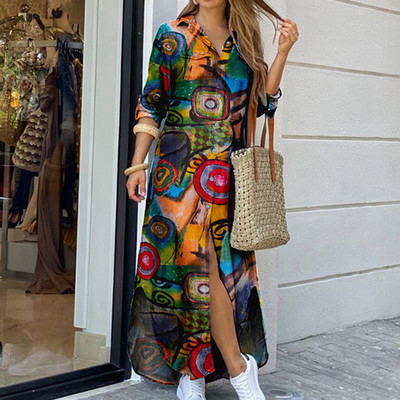 Ikdienas kleitas Sieviešu kleita ar garām piedurknēm kreklkleita ar apdruku OL garas kleitas Laides brīva ballīšu kleita Maxi kleita Vestido ikdienas