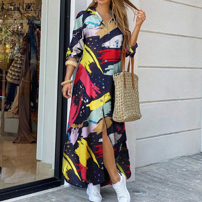 Ikdienas kleitas Sieviešu kleita ar garām piedurknēm kreklkleita ar apdruku OL garas kleitas Laides brīva ballīšu kleita Maxi kleita Vestido ikdienas