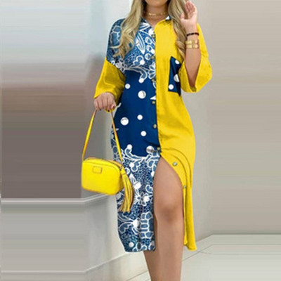 Ikdienas kleitas Sieviešu kleita ar garām piedurknēm kreklkleita ar apdruku OL garas kleitas Laides brīva ballīšu kleita Maxi kleita Vestido ikdienas