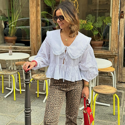 Uredska dama Peter Pan Doll Collar majice 2024. Proljeće ljeto Ženska bluza dugih rukava Elegantne ženske šik majice s jednim kopčanjem