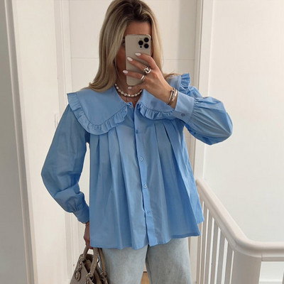 Uredska dama Peter Pan Doll Collar majice 2024. Proljeće ljeto Ženska bluza dugih rukava Elegantne ženske šik majice s jednim kopčanjem