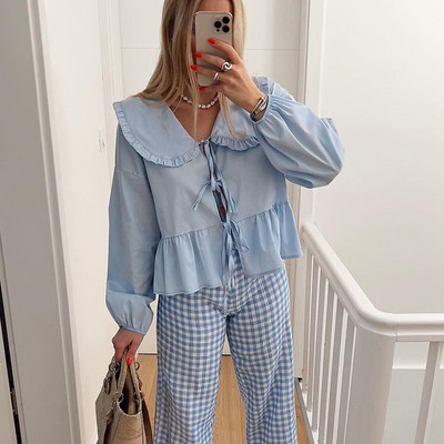 Uredska dama Peter Pan Doll Collar majice 2024. Proljeće ljeto Ženska bluza dugih rukava Elegantne ženske šik majice s jednim kopčanjem