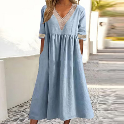 Rochie de petrecere elegantă cu decolteu în V pentru femei, vara 2023, la modă, solidă, cu jumătate de mânecă, din bumbac, rochie lungă, ocazională, rochie lejeră