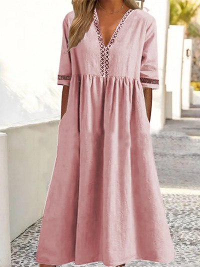 Rochie de petrecere elegantă cu decolteu în V pentru femei, vara 2023, la modă, solidă, cu jumătate de mânecă, din bumbac, rochie lungă, ocazională, rochie lejeră