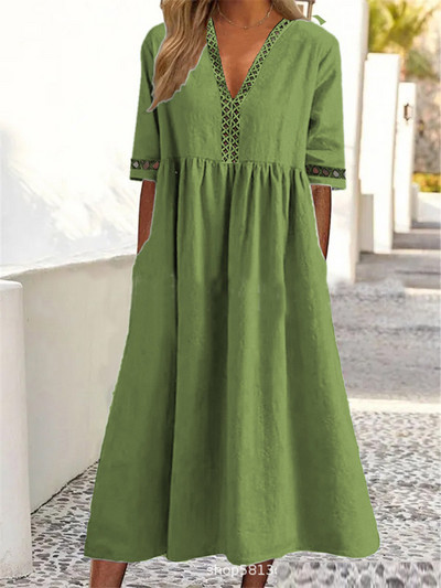 Rochie de petrecere elegantă cu decolteu în V pentru femei, vara 2023, la modă, solidă, cu jumătate de mânecă, din bumbac, rochie lungă, ocazională, rochie lejeră