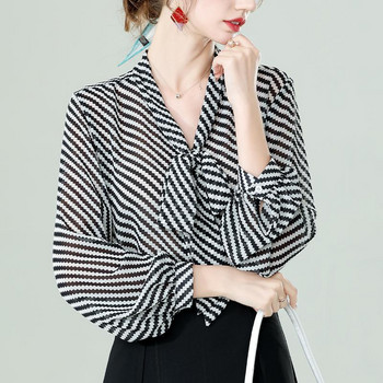 Модна дамска риза на райета с V-образно деколте и ръкав с фенер, шифонова риза Пролет на 2022 г. Нови ежедневни широки големи пуловери Блуза