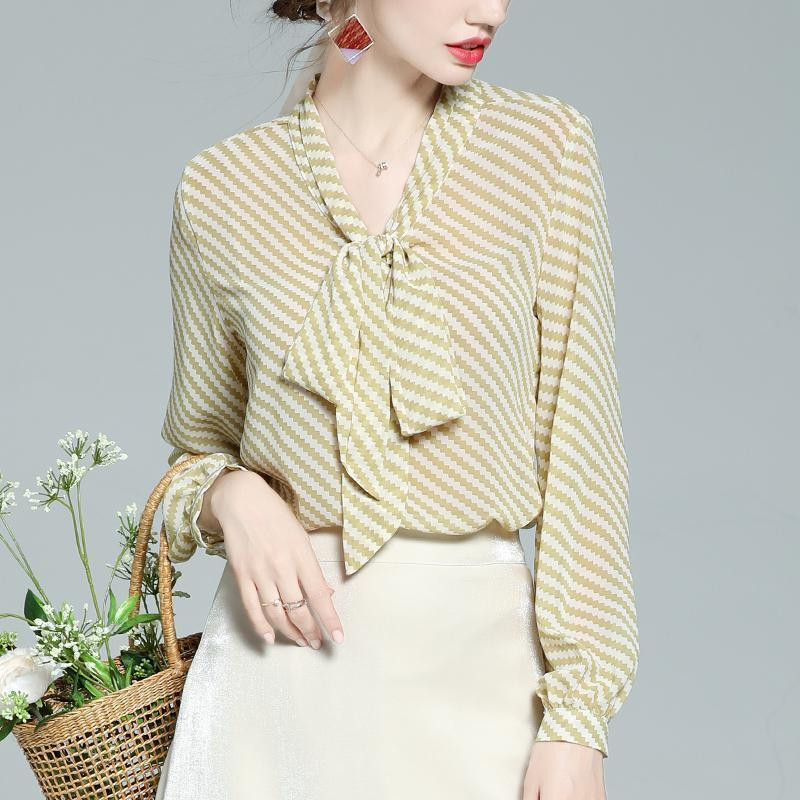 Modes svītrains V-veida kakla loka laternas piedurknes šifona krekls sieviešu apģērbs 2022. gada pavasaris, jauns ikdienas brīvs, liela izmēra puloveru blūze