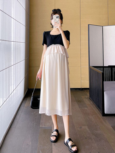 Korejiešu stila eleganta, grūtnieces šifona kleita, salda, volānveida kleita Grūtnieču pludmales kleita Modes princeses svētku apģērbi