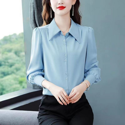 2023. g. rudens un ziema, jauns daudzpusīgs sieviešu apģērbs, kas savienots ar pogām POLO apkakle ar garām piedurknēm vienkrāsains ikdienas krekls