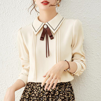 Шифонена блуза със сладко копче и шифонова блузка Дамско облекло Пролет 2023 Нови ежедневни пуловери Свободна офис дамска риза