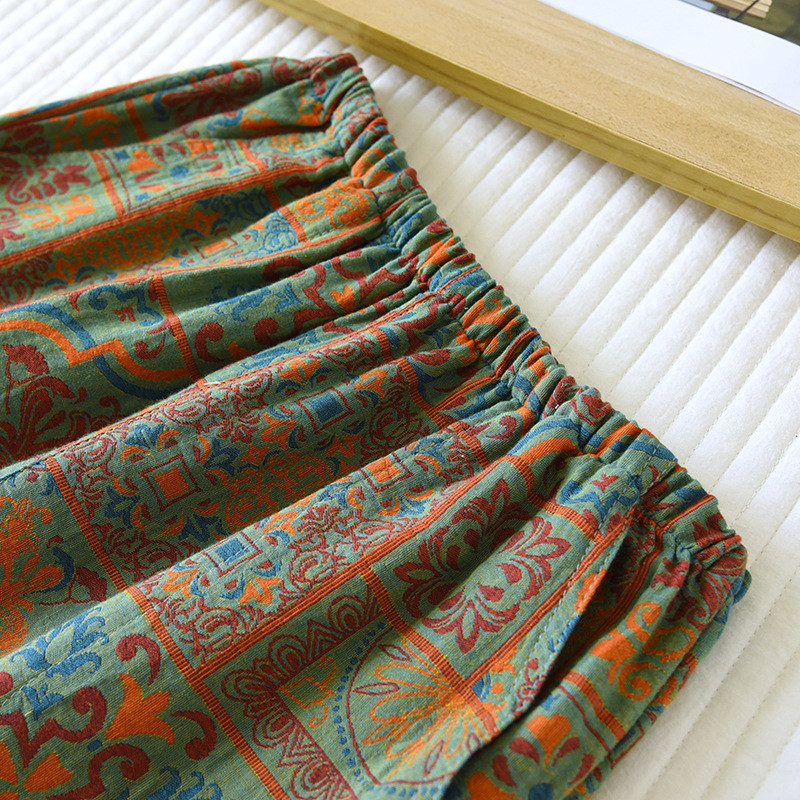 Proljetna pidžama od pamučne gaze obojene pređe Ženske kućne hlače s retro uzorkom Tanke labave odijele za spavanje Donji dio za spavanje s elastičnim pojasom