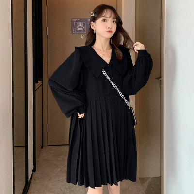 Pavasara rudens kleita grūtniecēm Jauna kleita ar garām piedurknēm ar līnijām, vaļīga kroku kleita grūtniecēm Tīrās krāsās grūtnieču apģērbs