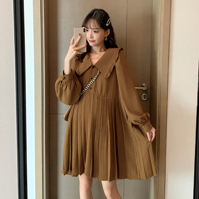 Pavasara rudens kleita grūtniecēm Jauna kleita ar garām piedurknēm ar līnijām, vaļīga kroku kleita grūtniecēm Tīrās krāsās grūtnieču apģērbs