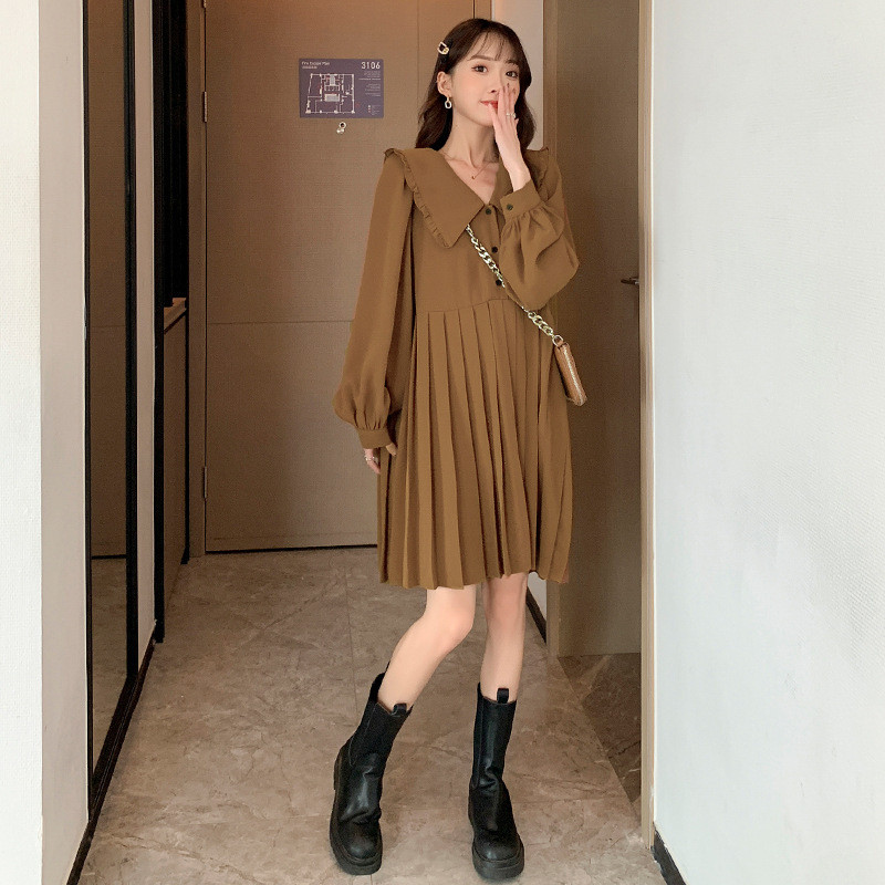 Pavasara rudens kleita grūtniecēm Jauna kleita ar garām piedurknēm ar līnijām, vaļīga kroku kleita grūtniecēm Tīrās krāsās grūtnieču apģērbs