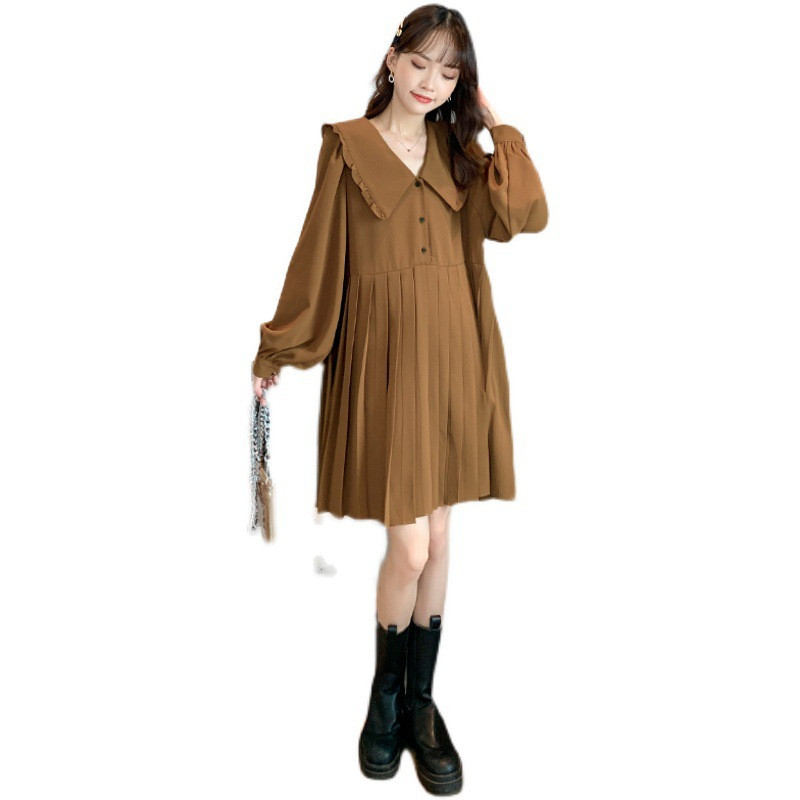 Pavasara rudens kleita grūtniecēm Jauna kleita ar garām piedurknēm ar līnijām, vaļīga kroku kleita grūtniecēm Tīrās krāsās grūtnieču apģērbs