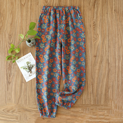 2024. gada pavasaris/vasara, jaunas sieviešu guļambikses, 100% kokvilna, žakarda, jaukas un svaigas ziedu bikses, brīvas, noslēdzamas mājas bikses sievietēm