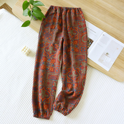 2024. gada pavasaris/vasara, jaunas sieviešu guļambikses, 100% kokvilna, žakarda, jaukas un svaigas ziedu bikses, brīvas, noslēdzamas mājas bikses sievietēm