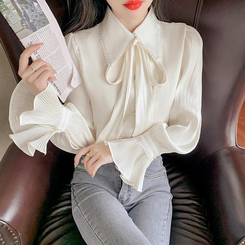 Elegants, elegants, salds, mežģīņots bantītis ar kroku uzliesmojumu ar garām piedurknēm ielas krekls Jauns korejiešu modes masīvblūze sieviešu blūze