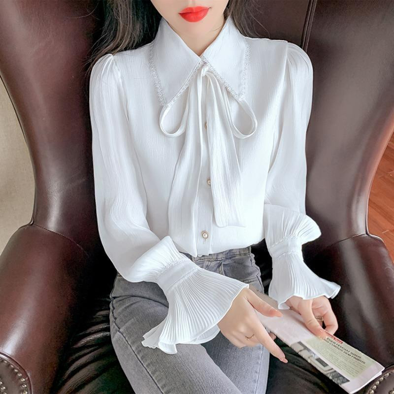 Elegants, elegants, salds, mežģīņots bantītis ar kroku uzliesmojumu ar garām piedurknēm ielas krekls Jauns korejiešu modes masīvblūze sieviešu blūze