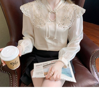 Pavasara rudens statīva apkakle Vintage pērļošana ar briljantiem Elegants modes krekls Sieviešu garām piedurknēm 3D Izšuvumi Satīna Blūze Top Sieviešu