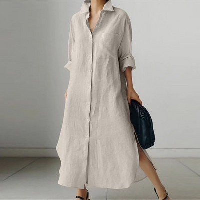 Rochie lungă, elegantă, cu guler răsturnat pentru femei, ocazională, rochie în formă de A cu fante, la modă, la un singur piept, rochie cămașă largi