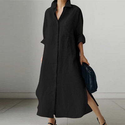 Ženska elegantna duga haljina s otvorenim ovratnikom, ležerna ženska haljina A-kroja s prorezima, jednobojna modna jednoredna široka haljina košulja