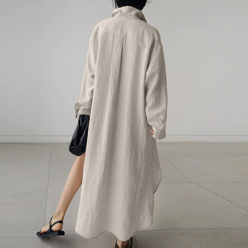 Ženska elegantna duga haljina s otvorenim ovratnikom, ležerna ženska haljina A-kroja s prorezima, jednobojna modna jednoredna široka haljina košulja