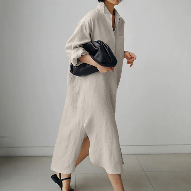 Ženska elegantna duga haljina s otvorenim ovratnikom, ležerna ženska haljina A-kroja s prorezima, jednobojna modna jednoredna široka haljina košulja