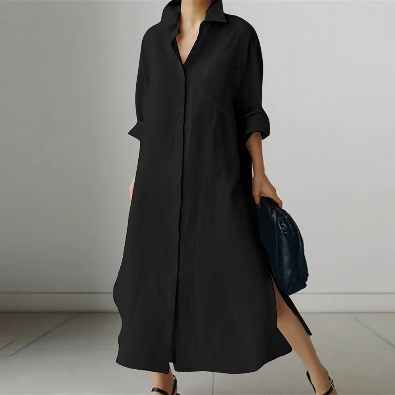 Ženska elegantna duga haljina s otvorenim ovratnikom, ležerna ženska haljina A-kroja s prorezima, jednobojna modna jednoredna široka haljina košulja