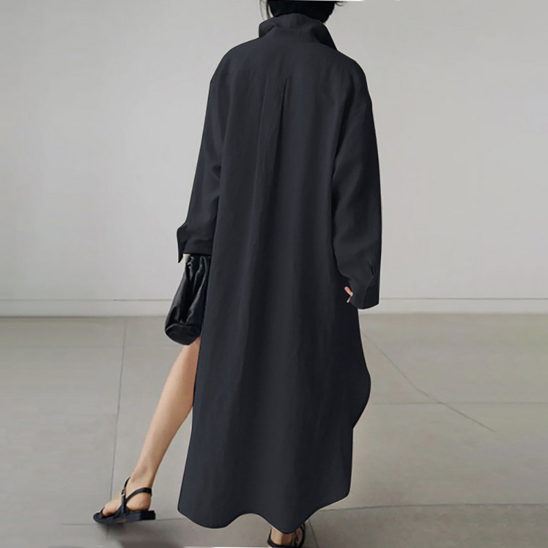 Ženska elegantna duga haljina s otvorenim ovratnikom, ležerna ženska haljina A-kroja s prorezima, jednobojna modna jednoredna široka haljina košulja