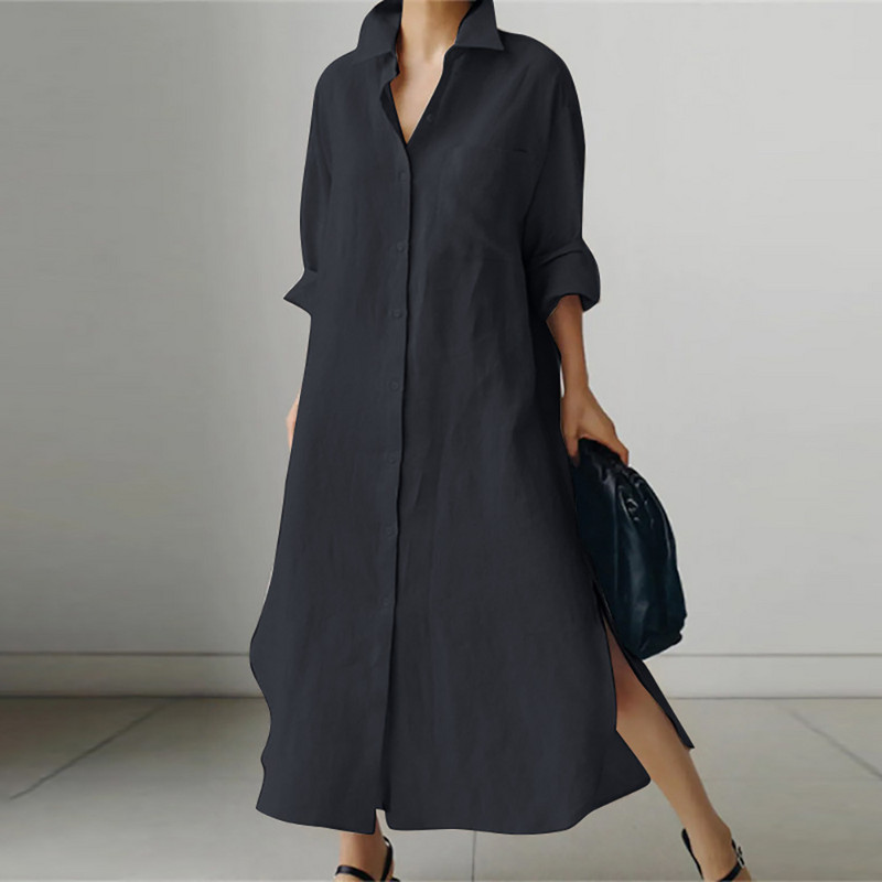 Ženska elegantna duga haljina s otvorenim ovratnikom, ležerna ženska haljina A-kroja s prorezima, jednobojna modna jednoredna široka haljina košulja