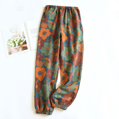 Pavasara/rudens kokvilnas dzijas krāsotas retro žakarda pidžamas bikses sievietēm ar elastīgu vidukļa apakšējo daļu, brīvs ikdienas atpūtas apģērbs