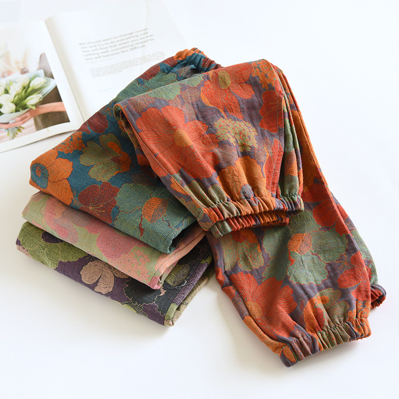 Pavasara/rudens kokvilnas dzijas krāsotas retro žakarda pidžamas bikses sievietēm ar elastīgu vidukļa apakšējo daļu, brīvs ikdienas atpūtas apģērbs