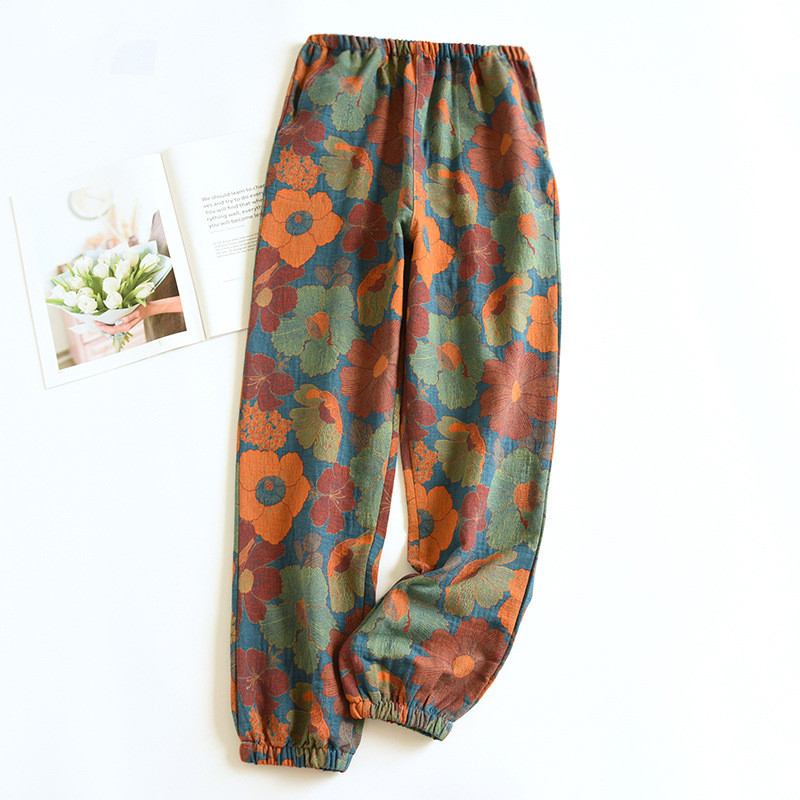 Pavasara/rudens kokvilnas dzijas krāsotas retro žakarda pidžamas bikses sievietēm ar elastīgu vidukļa apakšējo daļu, brīvs ikdienas atpūtas apģērbs