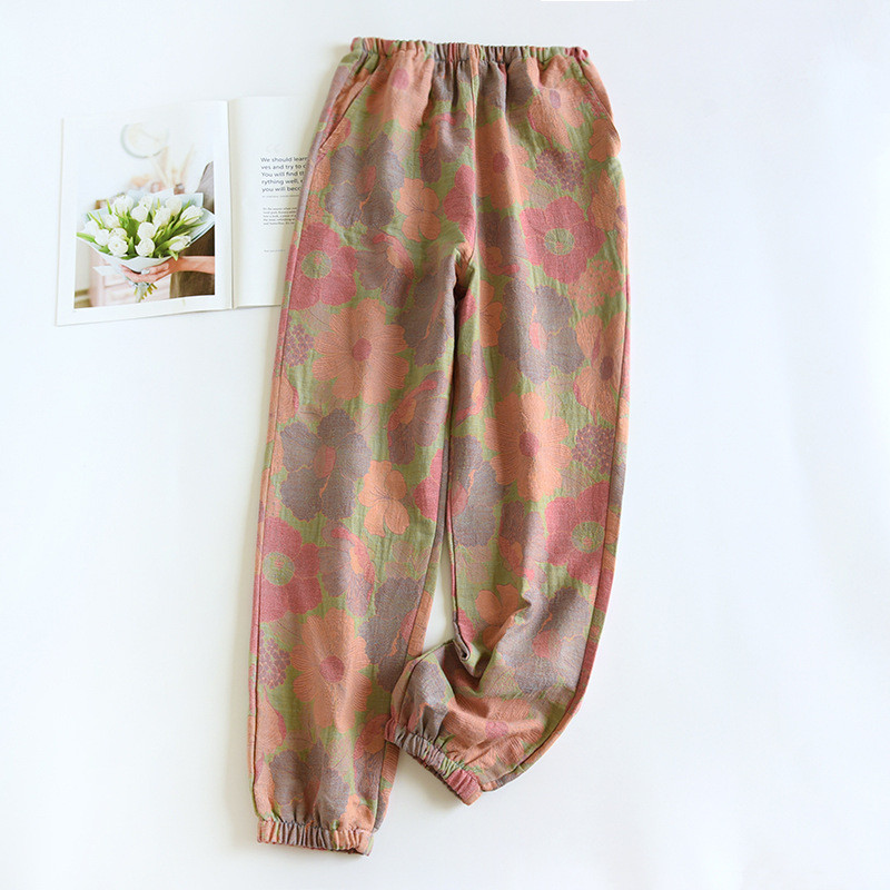 Pavasara/rudens kokvilnas dzijas krāsotas retro žakarda pidžamas bikses sievietēm ar elastīgu vidukļa apakšējo daļu, brīvs ikdienas atpūtas apģērbs