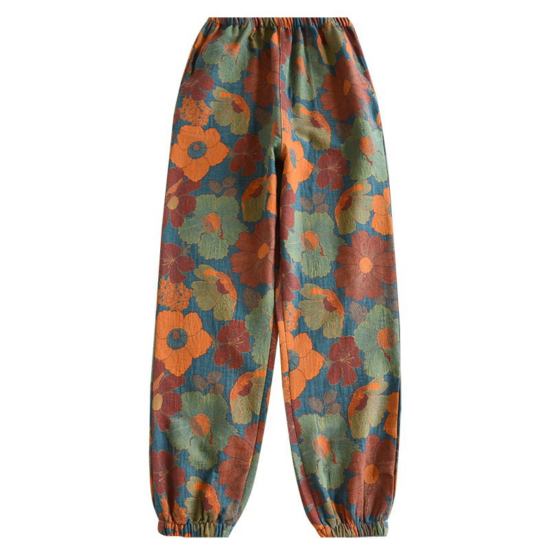 Pavasara/rudens kokvilnas dzijas krāsotas retro žakarda pidžamas bikses sievietēm ar elastīgu vidukļa apakšējo daļu, brīvs ikdienas atpūtas apģērbs