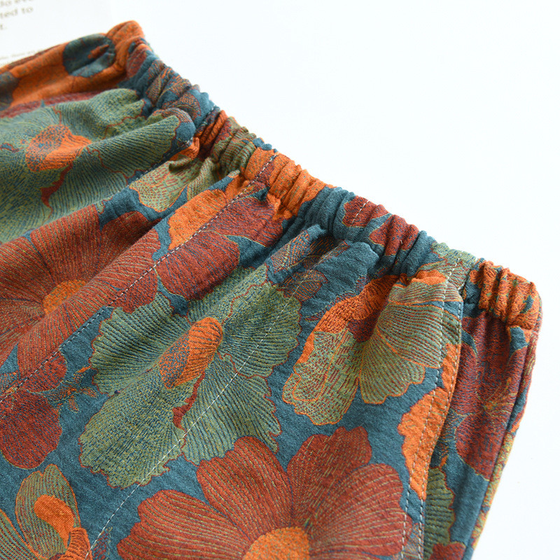 Pavasara/rudens kokvilnas dzijas krāsotas retro žakarda pidžamas bikses sievietēm ar elastīgu vidukļa apakšējo daļu, brīvs ikdienas atpūtas apģērbs