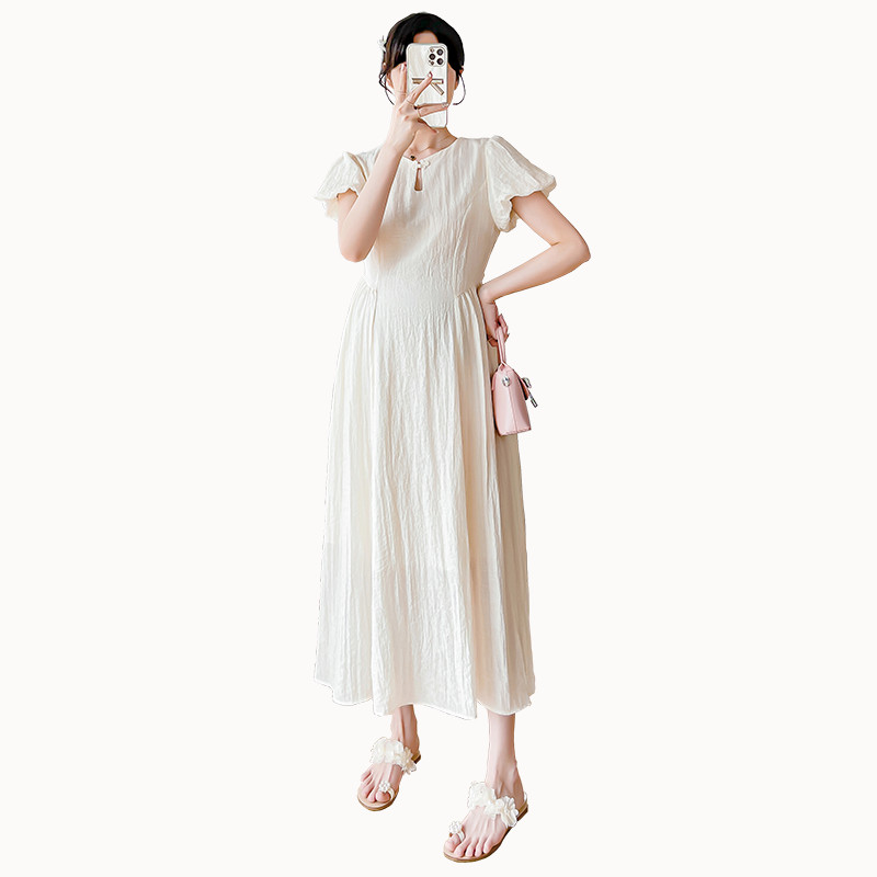 Grūtnieču kleita ar īsām piedurknēm 2024. gada vasarai ar pūšām piedurknēm, izliektu apkakli, gara, brīva, kroku kleita grūtniecei vienkrāsaina