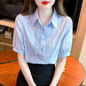 2024 Elegáns pamut ingek női alkalmi tömör gombos hajtókás blúzok Ingek tavaszi nyár rövid ujjú bő felsők Új Z864