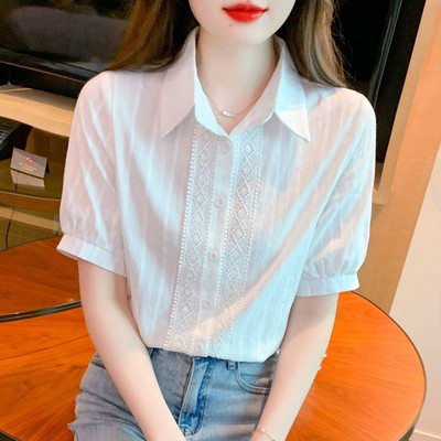 2024 Elegáns pamut ingek női alkalmi tömör gombos hajtókás blúzok Ingek tavaszi nyár rövid ujjú bő felsők Új Z864